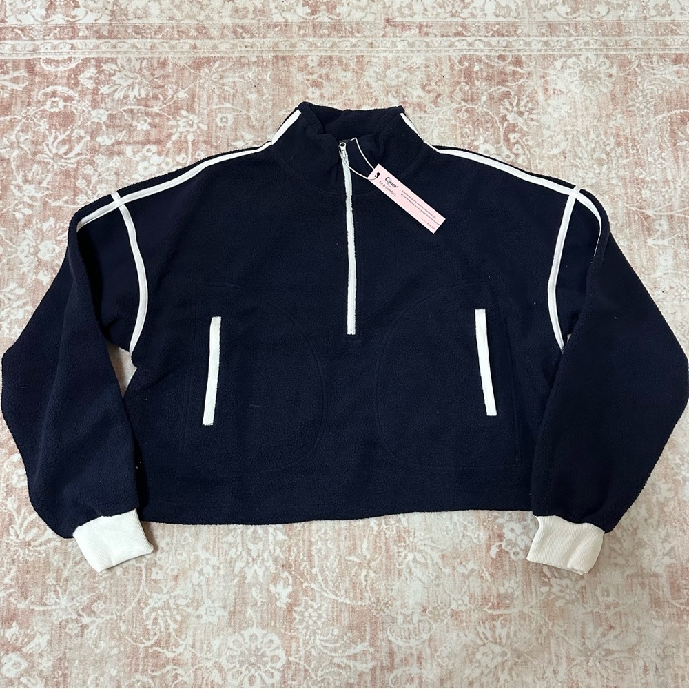 NWT Navy Fleece Contrast Cropped Sweatshirt With Drawstrings - Picture 4 of 12
